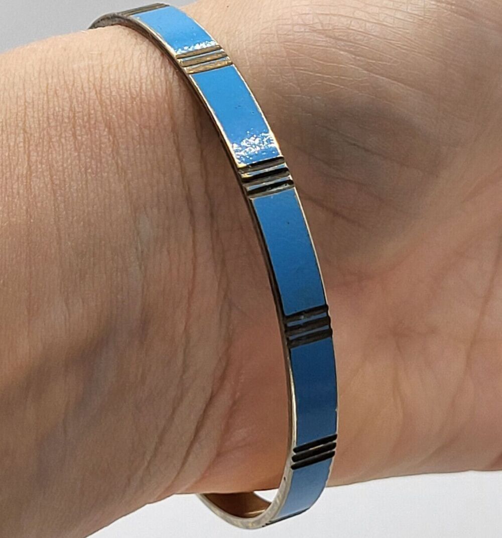 Blue Enamel on Brass Deco Style Bangle Bracelet 8 in